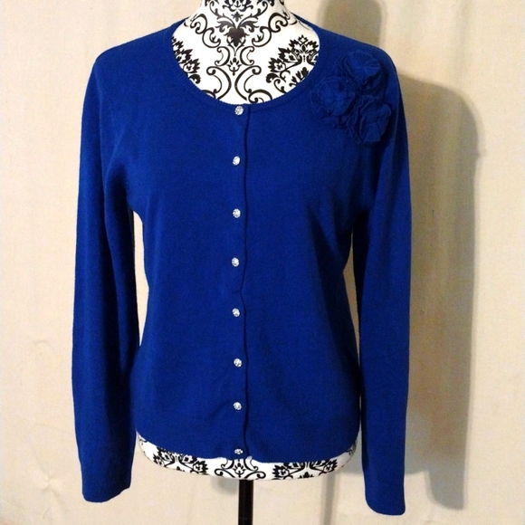 dressbarn Sweaters - DressBarn Blue Button-up Cardigan Sweater Rosettes Bling Buttons Sz PL